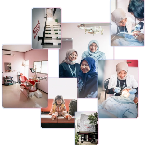 Gigi Palsu 19 Kolase foto yang menampilkan interior ruang praktik dental, tim dokter gigi profesional, suasana ramah anak, dan eksterior Klinik Drg. Adianti.